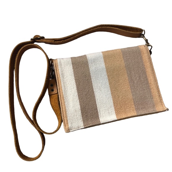 SutiSana Crossbody Organizer Color Sepia Wool Leather Zipper Bag Yellow Stripe - Picture 3 of 16